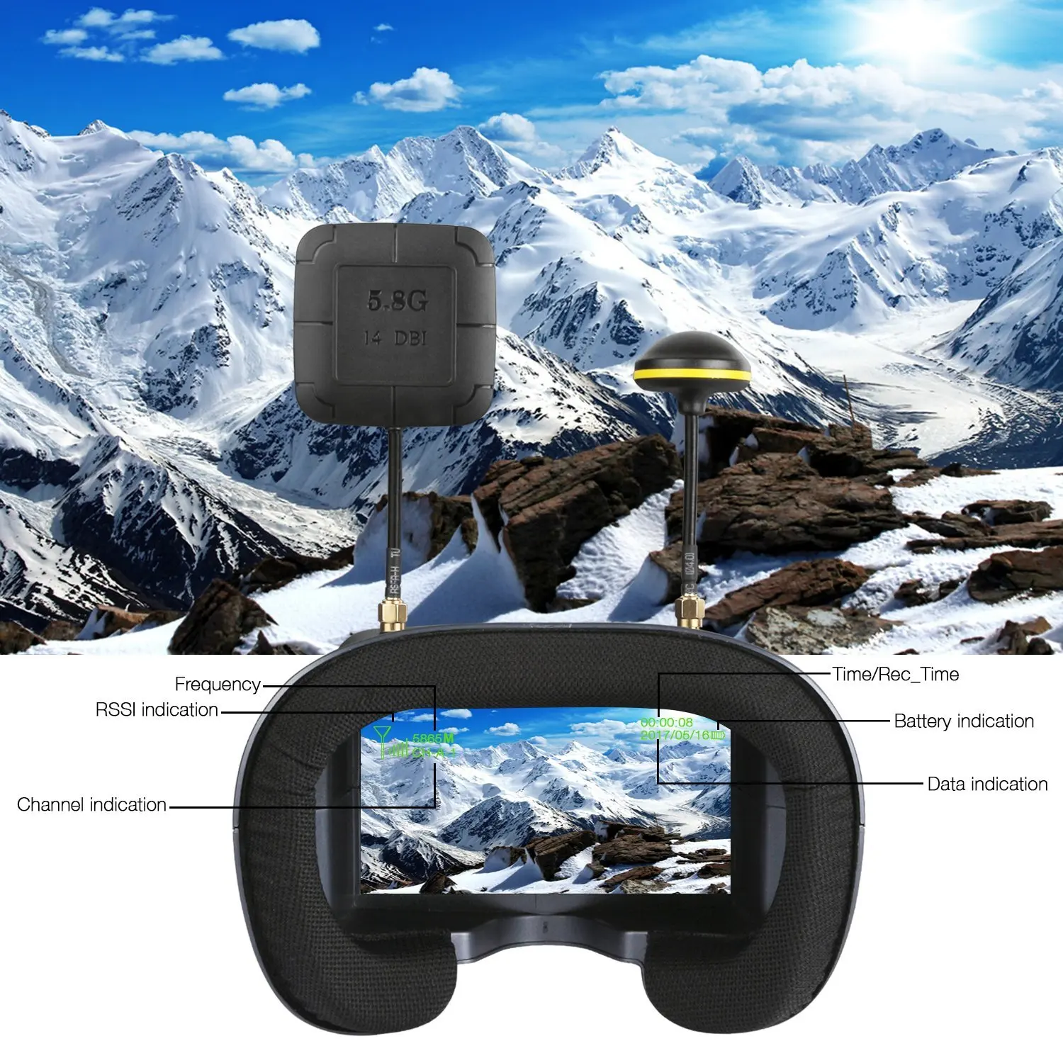 008D 5,8G 40CH 4,3 Zoll 800*480 Video Headset HD DVR Diversity FPV – Bild 2