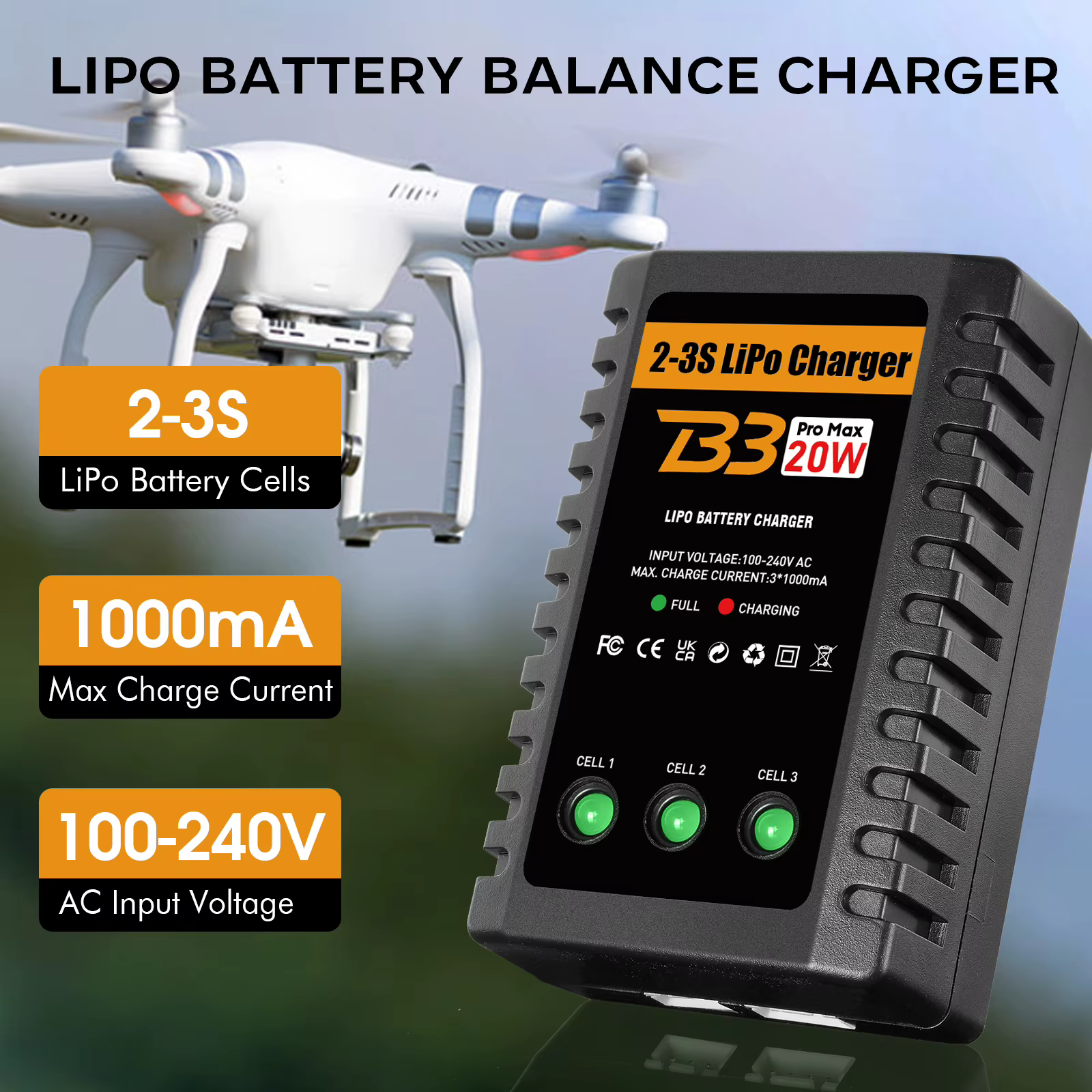 HTRC B3 2S-3S Lipo-Akkuladegerät 110-220 V AC LED 20 W B3 Kompaktladegerät Balance RC-Ladegerät