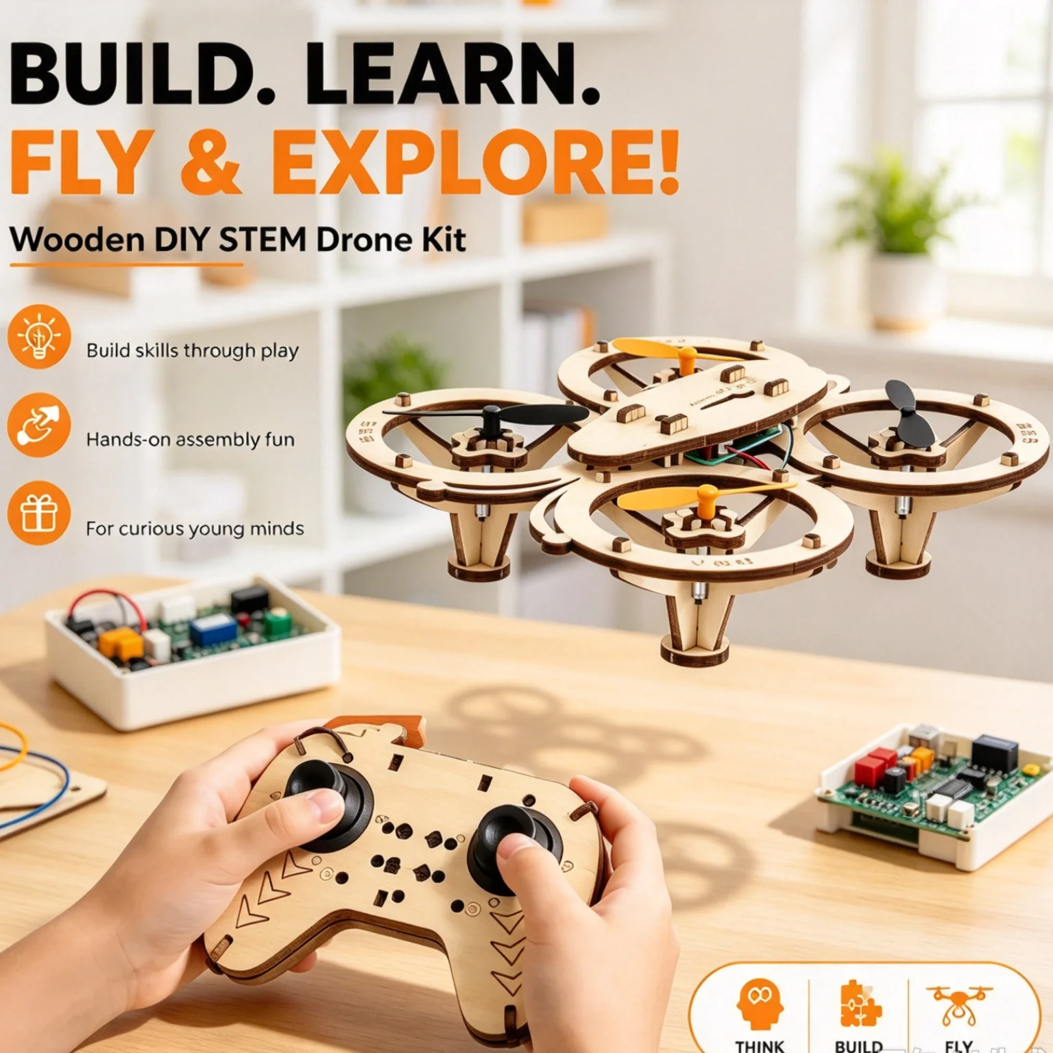 DIY Holz-RC-Drohne mit Lichtern, zusammenbaubarer Quadcopter-Bausatz mit Fernbedienung, Spielzeug