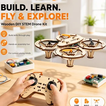 DIY Holz-RC-Drohne mit Lichtern, zusammenbaubarer Quadcopter-Bausatz mit Fernbedienung, Spielzeug