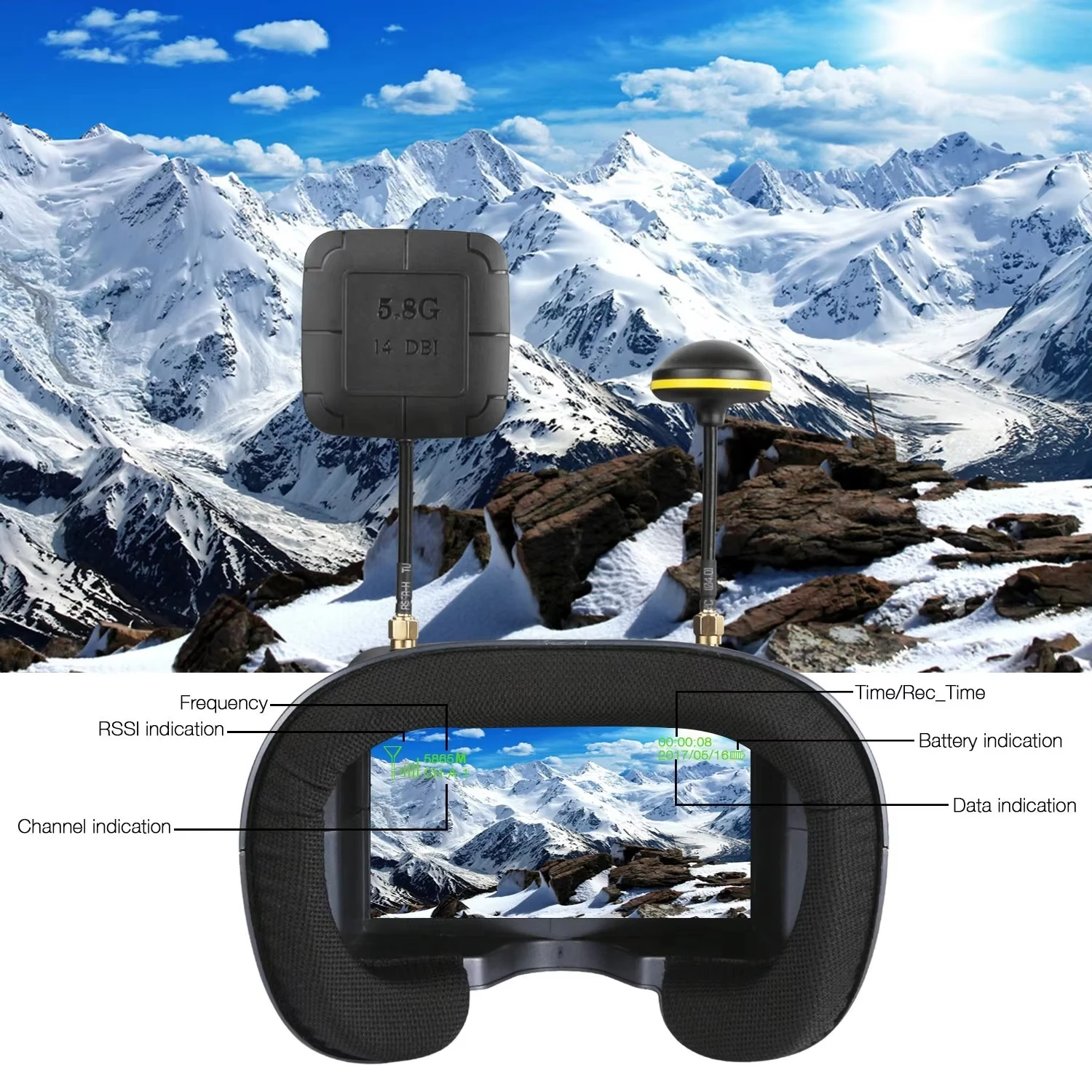 EV800D 5.8G 40CH Diversity FPV-Brille 5 Zoll 800*480 Video-Headset HD – Bild 3