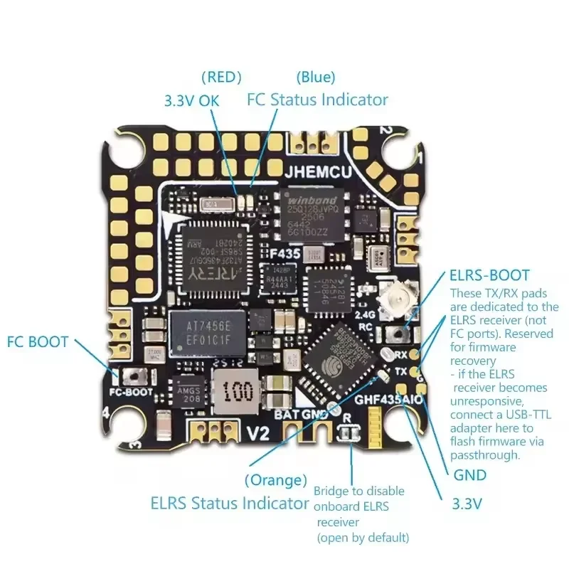 JHEMCU GHF435AIO V2 AIO Flugcontroller 20A ESC OSD Baro Blackbox ELRS – Bild 5