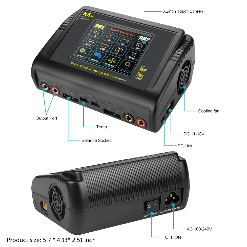 HTRC K6 Pro Lipo Ladegerät Touch DC 400W AC 200W 12Ax2 RC Ladegerät – Bild 6