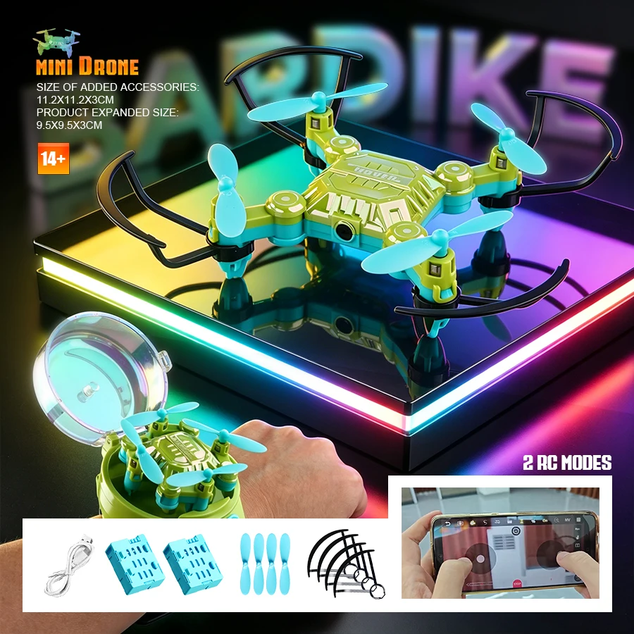 Mini-Drohne mit Uhrsteuerung, Quadcopter mit Kamera, Doppelbatterien, Smartphone-App-Steuerung, Lehrreiches