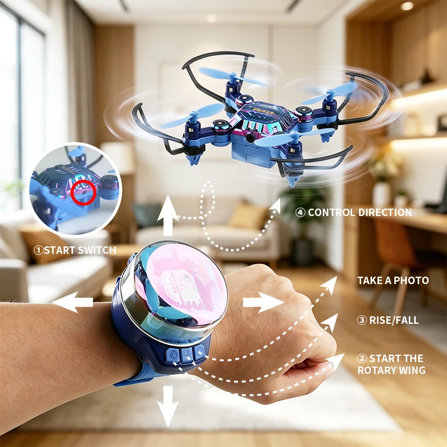 Mini-Drohne mit Uhrsteuerung, Quadcopter mit Kamera, Doppelbatterien – Bild 3