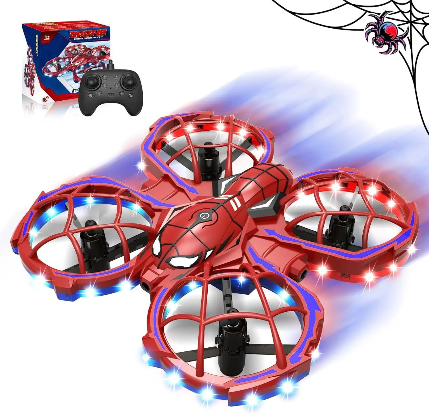 Mini-Spinnendrohne, 3 Geschwindigkeitsmodi, Rot, Hindernisvermeidung, Headless-Modus, Flugtraining