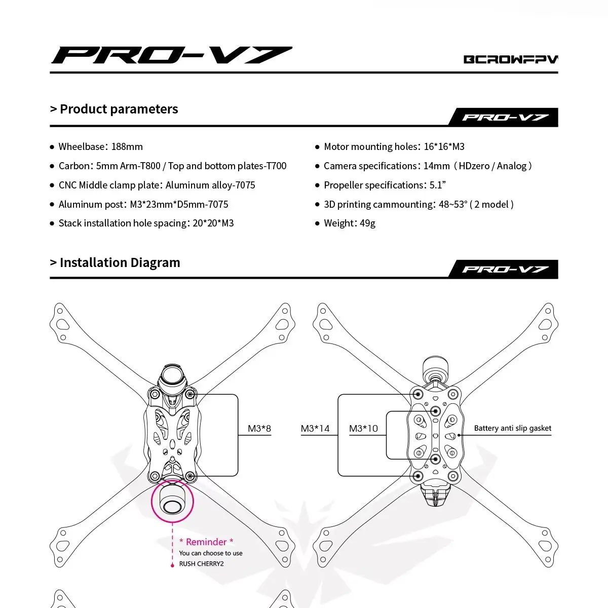 BCROWFPV PRO-V7 Carbonfaser-Rennrahmen-Kit 5 Zoll FPV Quadcopter DIY Drohne Neues Modell für Rennen