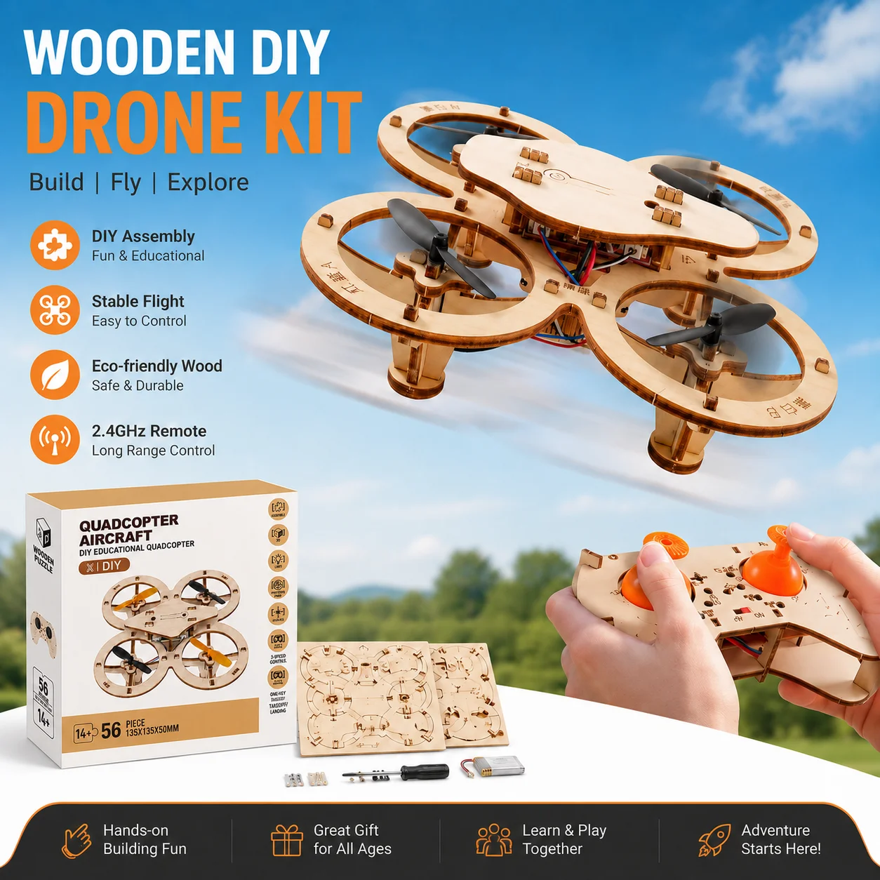 DIY Holz-Quadcopter-Drohnen-Bausatz für 14+ Jahre mit Fernbedienung, 56-teiliges STEM-Spielzeug, Höhenhaltung