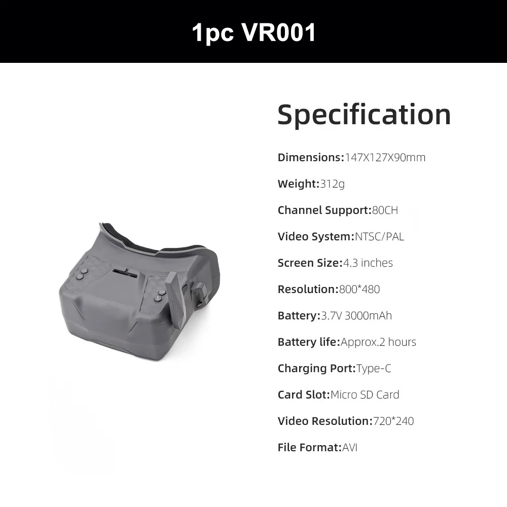 HGLRC VR001 5.8G FPV-Brille mit 4,3-Zoll-LCD, integriertem Akku und DVR-Unterstützung für RC-Renndrohnen