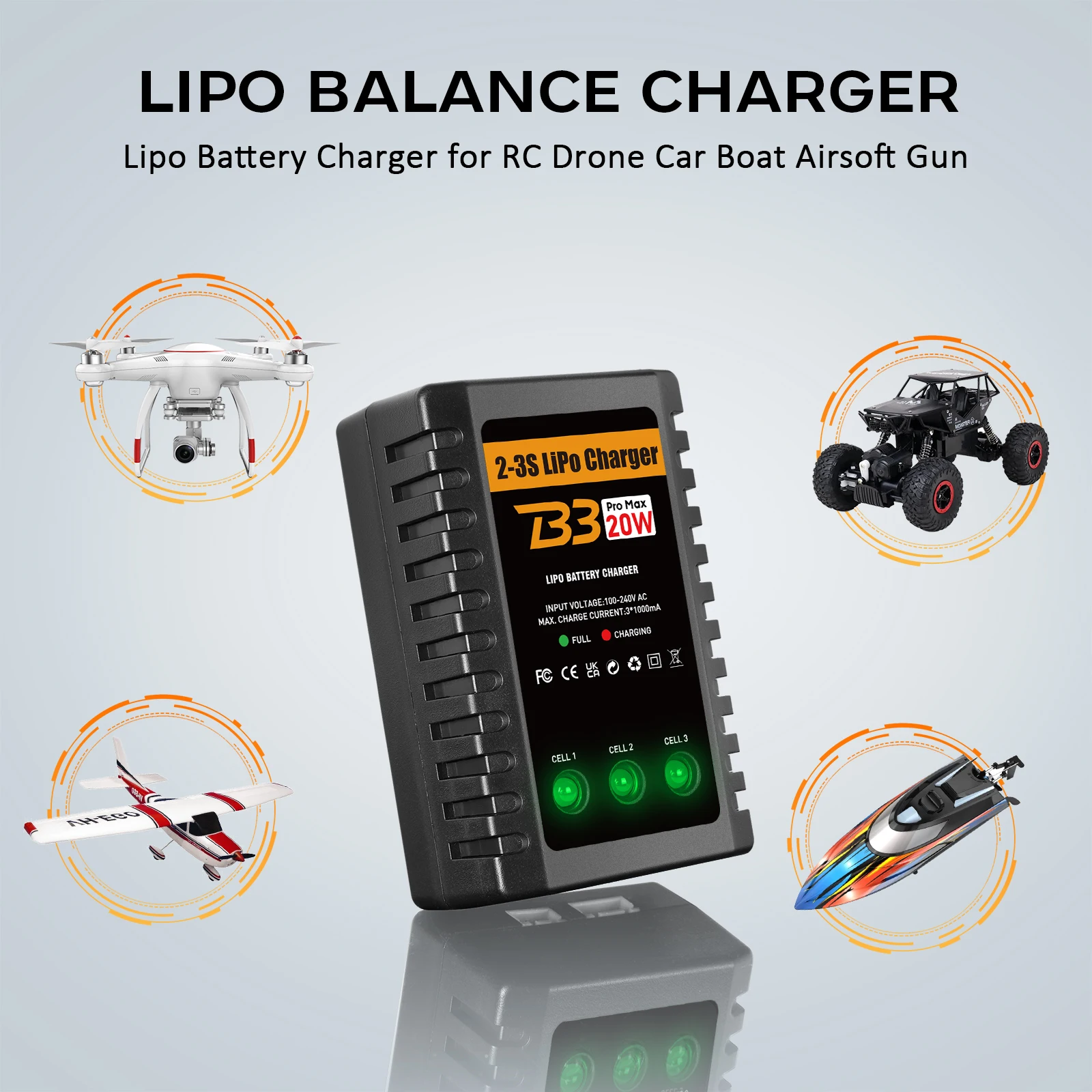 HTRC B3 2S-3S Lipo-Akkuladegerät 110-220 V AC LED 20 W B3 – Bild 4