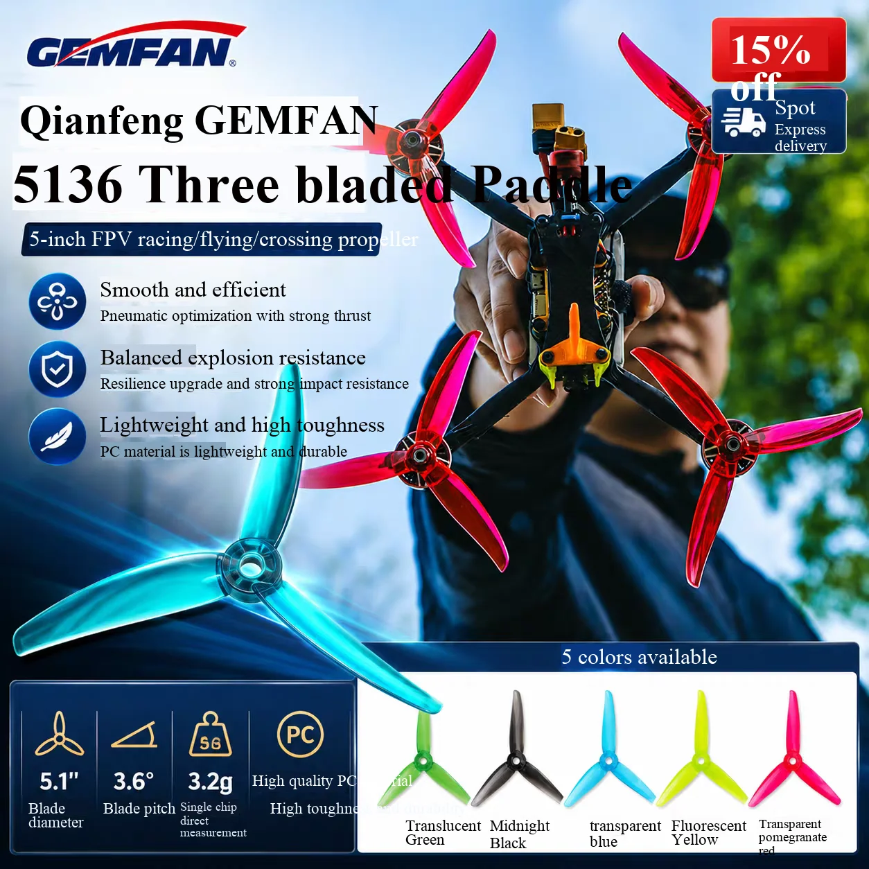 Gemfan VANOVER 5136 3-Blatt-PC-Propeller für FPV Freestyle Quadcopter Racing Drohne 5-Zoll-Propeller