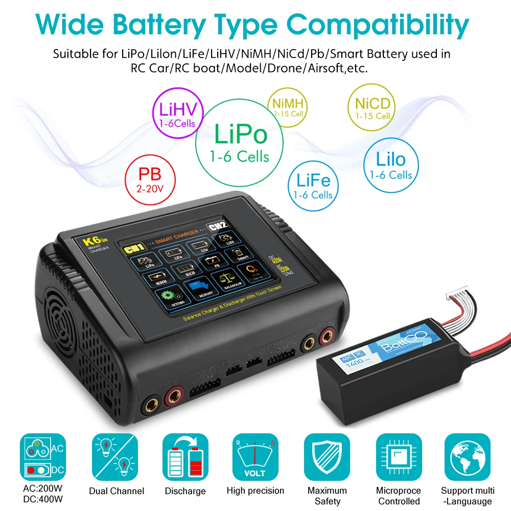 HTRC K6 Pro Lipo Ladegerät Touch DC 400W AC 200W 12Ax2 RC Ladegerät – Bild 4