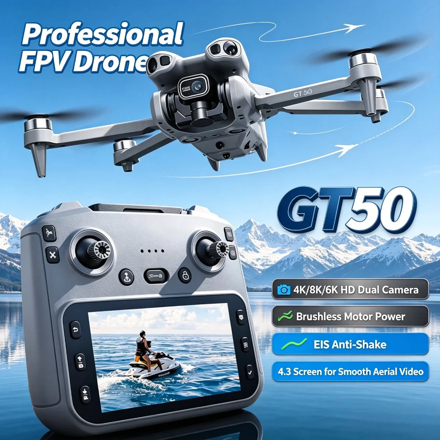 GT50 4K// FPV-Drohne mit Dual-HD-Kamera - Bürstenloser Motor, 4,3-Zoll-Bildschirm, EIS-Bildstabilisierung
