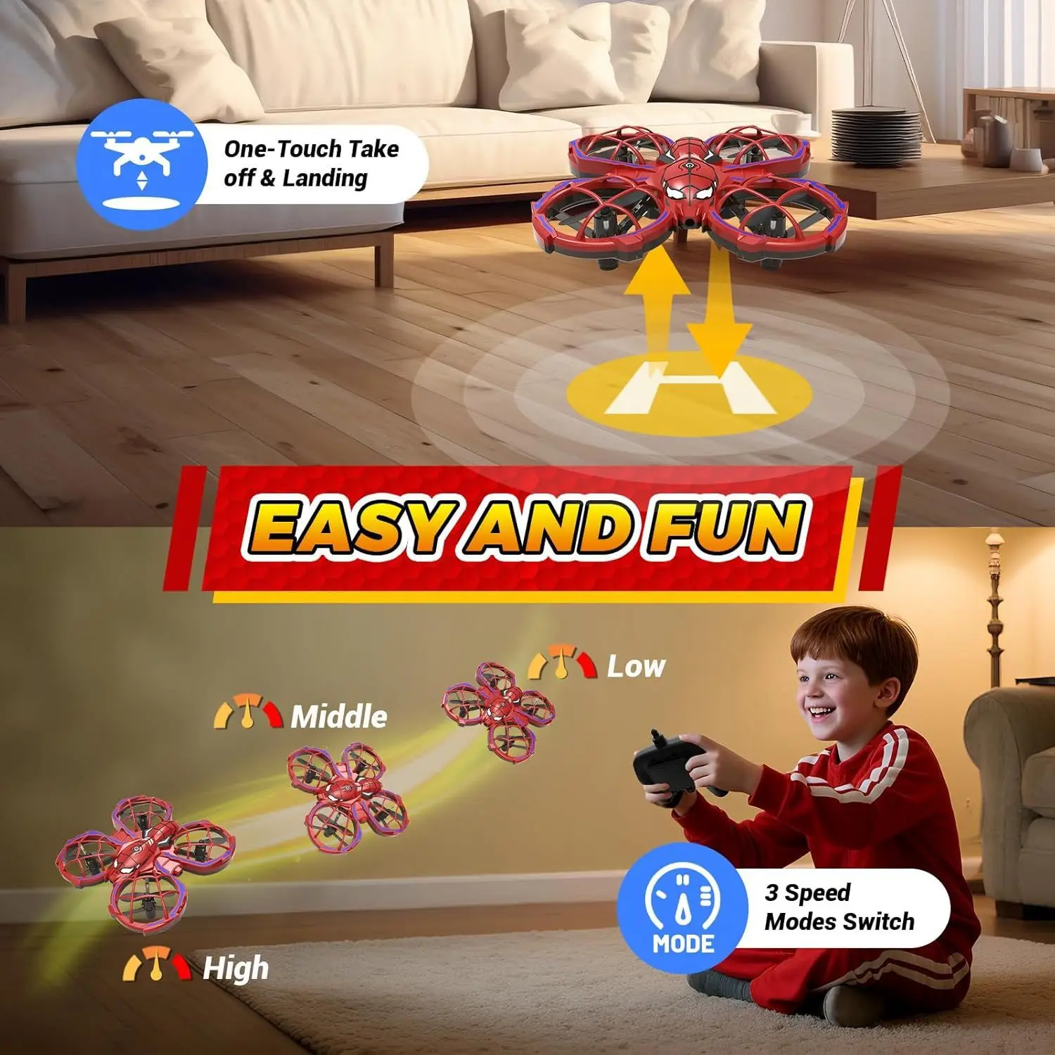 Mini-Spinnendrohne, 3 Geschwindigkeitsmodi, Rot, Hindernisvermeidung – Bild 4