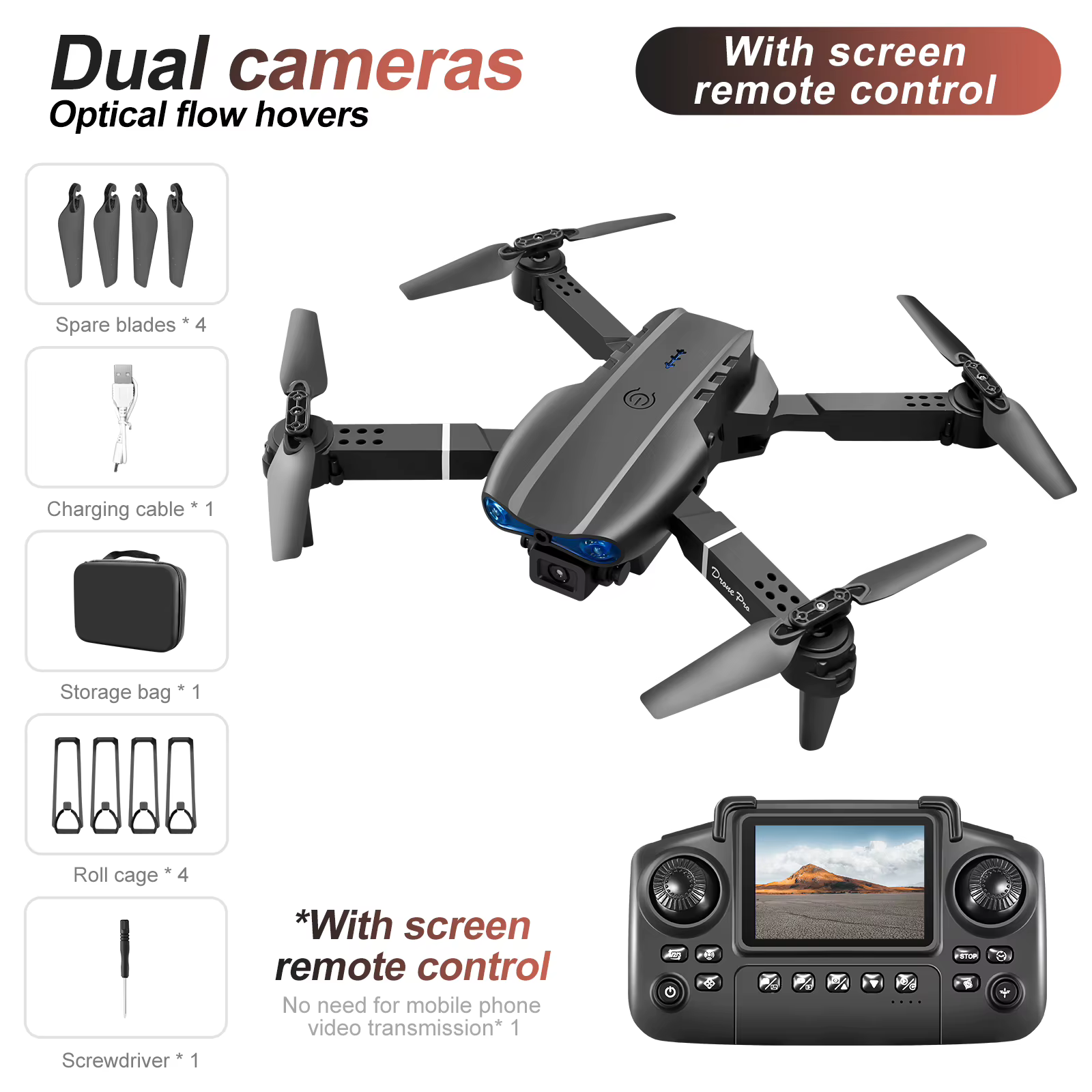 E88 E99 Drohne Fernbedienung mit Bildschirm Dual Kamera Optische Fluss Lokalisierung 2,4G RC Quadcopter