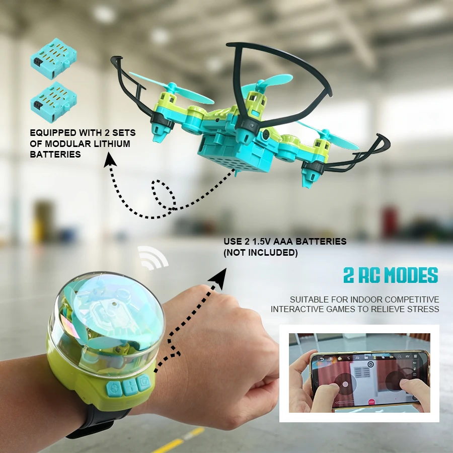 Mini-Drohne mit Uhrsteuerung, Quadcopter mit Kamera, Doppelbatterien – Bild 5