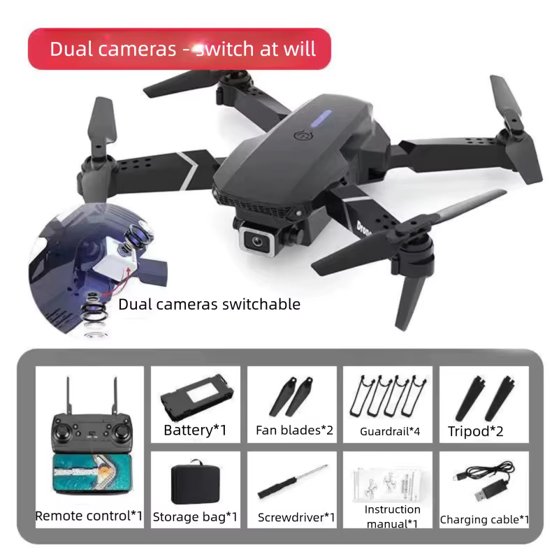 Mini-Drohne E88 mit Doppelkamera, ABS-Material, USB-wiederaufladbarer Lithium-Akku, faltbarer Körper, leicht