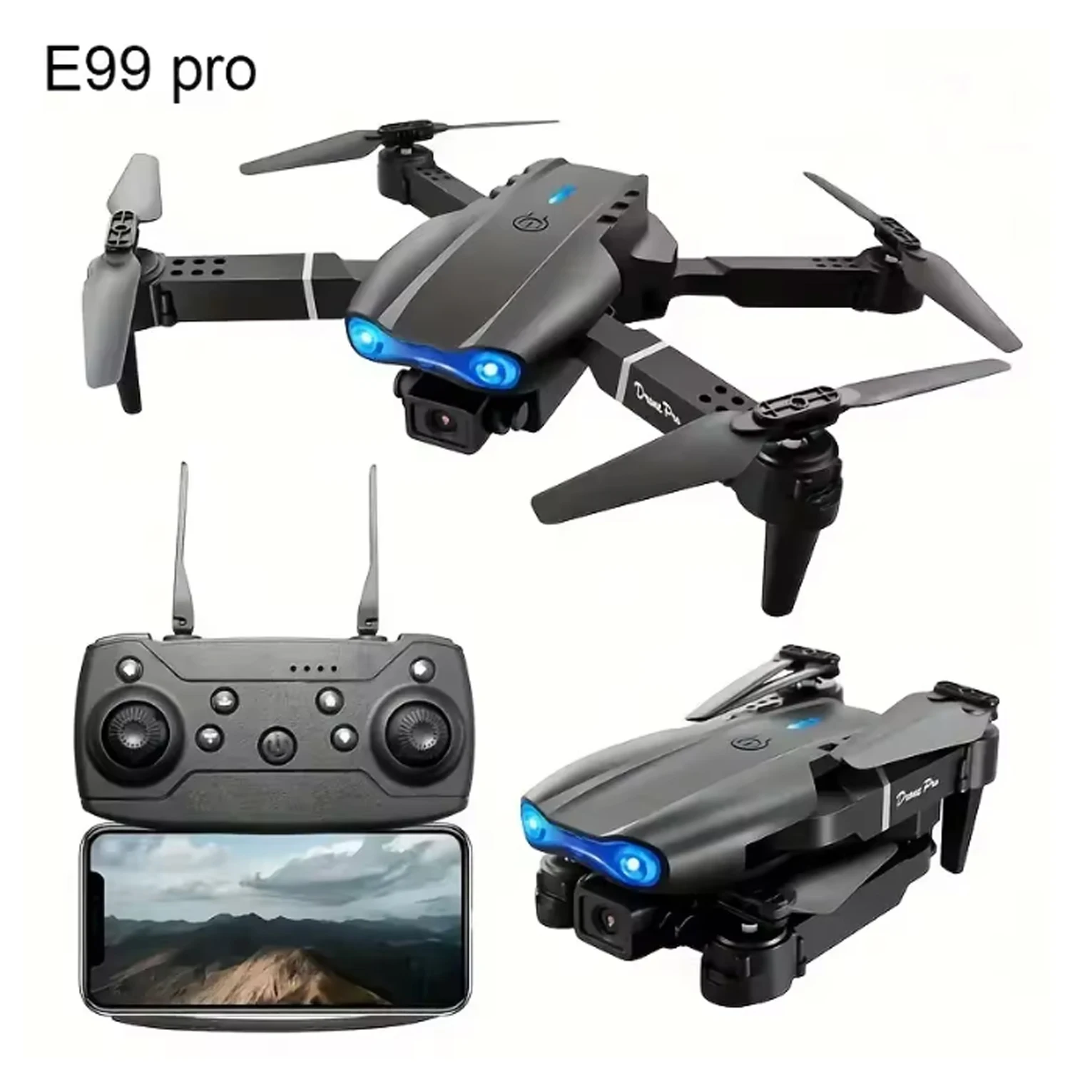 E99 PRO Drohne mit Blitzlicht Professionelle HD-Doppelkamera WLAN Hinderniserkennung RC-Helikopter